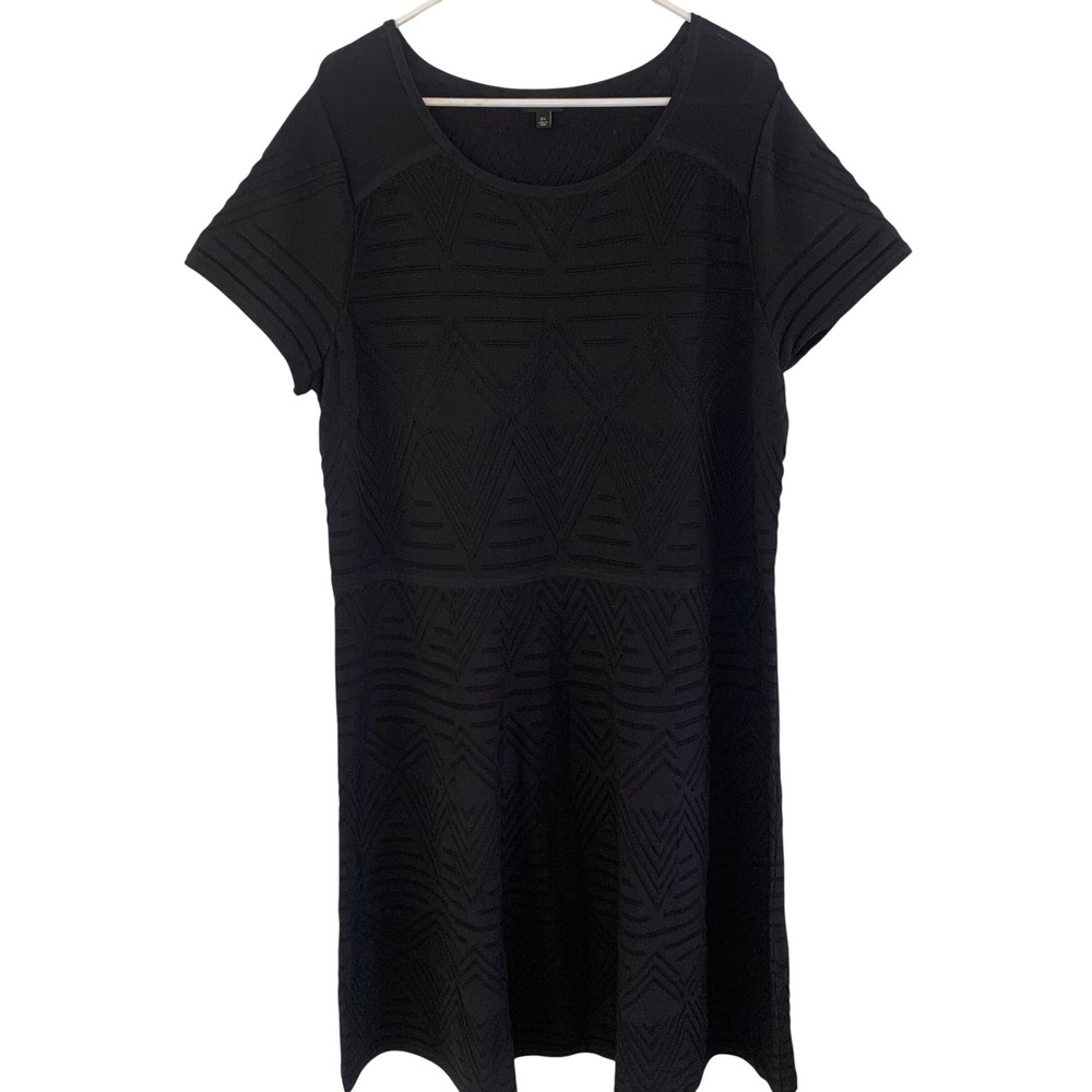 Talbots Black Geometric Jacquard Knit Fit Flare Dress 2X Short Sleeve‎ Scoop